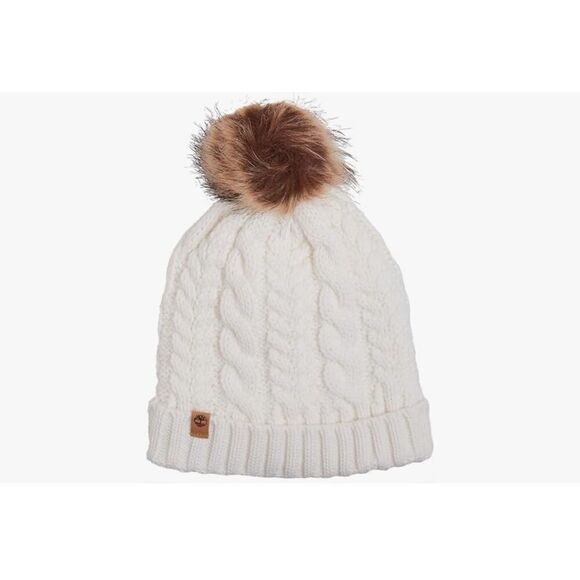 Timberland Cable Knit Cuff Beanie Faux Fur Pom Pom Fleece Lined Ivory new - Picture 1 of 10